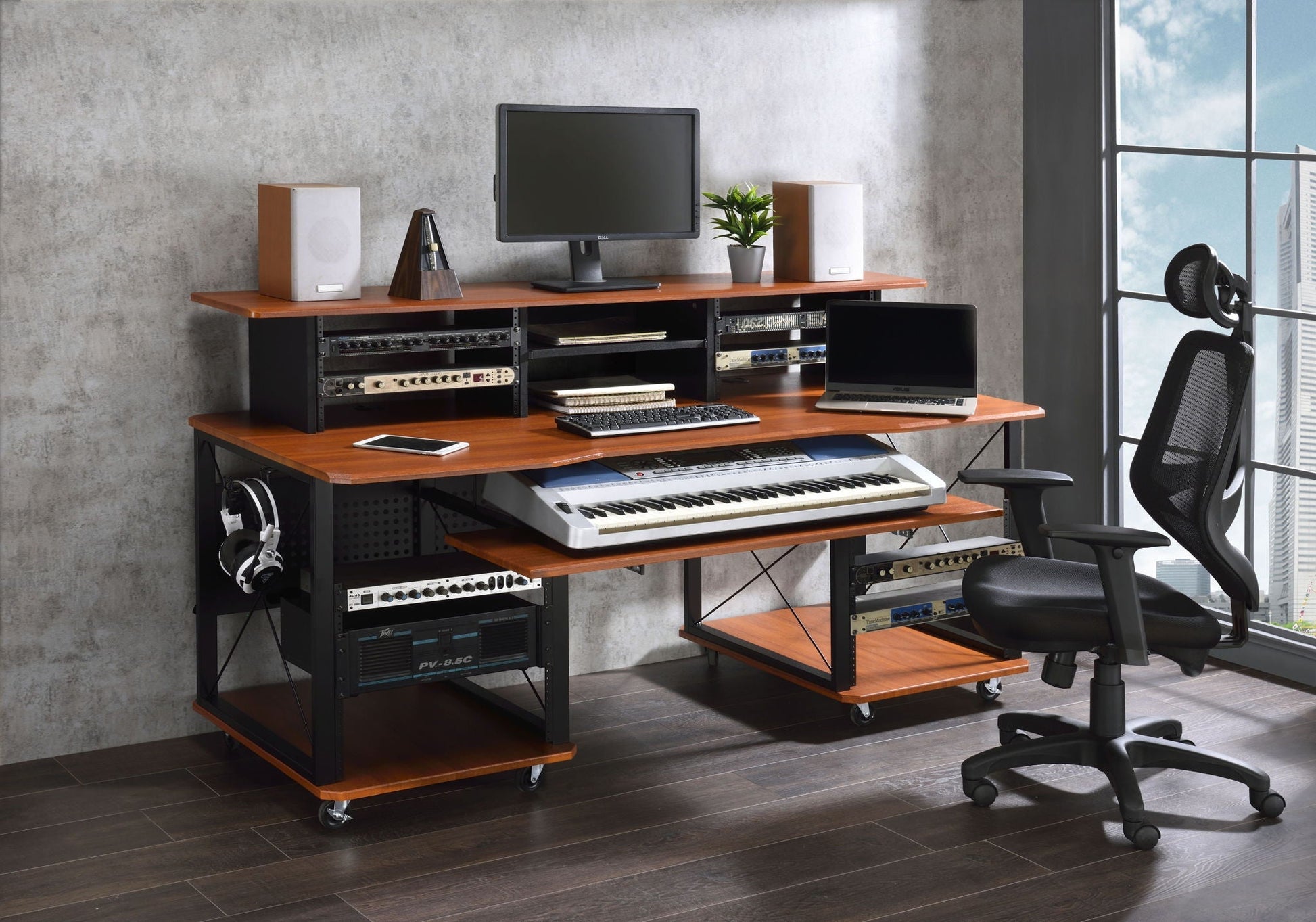 Megara Music Desk with Multiple Storage power workstation HouseOfZazla wood top black frame monitor on Tampa Home & Garden Store