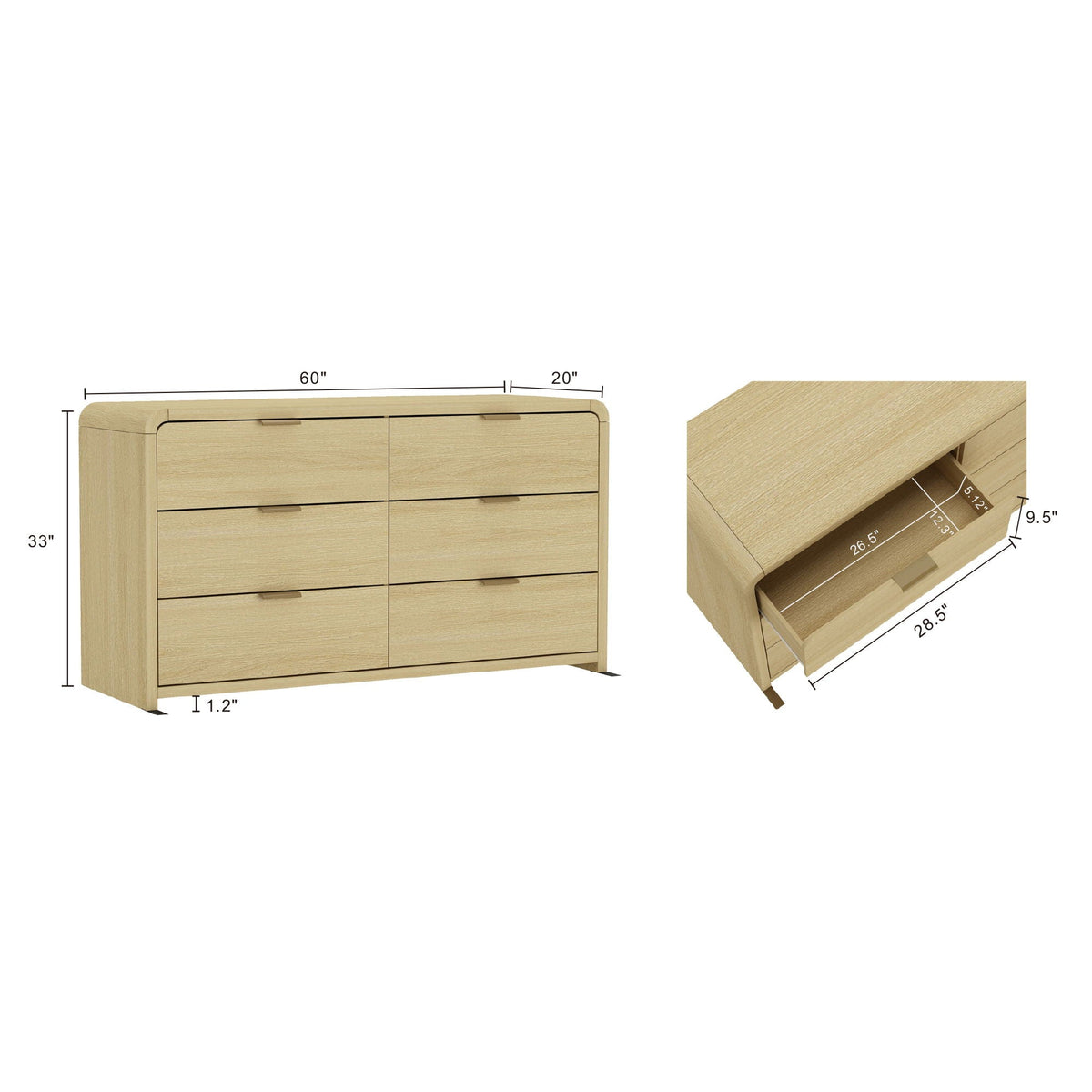 Oak double dresser with 6 drawers in Grace Collection by HouseOfZazla, natural oak finish on Tampa Home & Garden Store