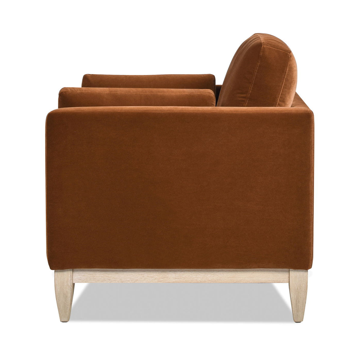 Modern farmhouse arm chair by HouseOfZazla in warm brown velvet with light wood legs on Tampa Home & Garden Store