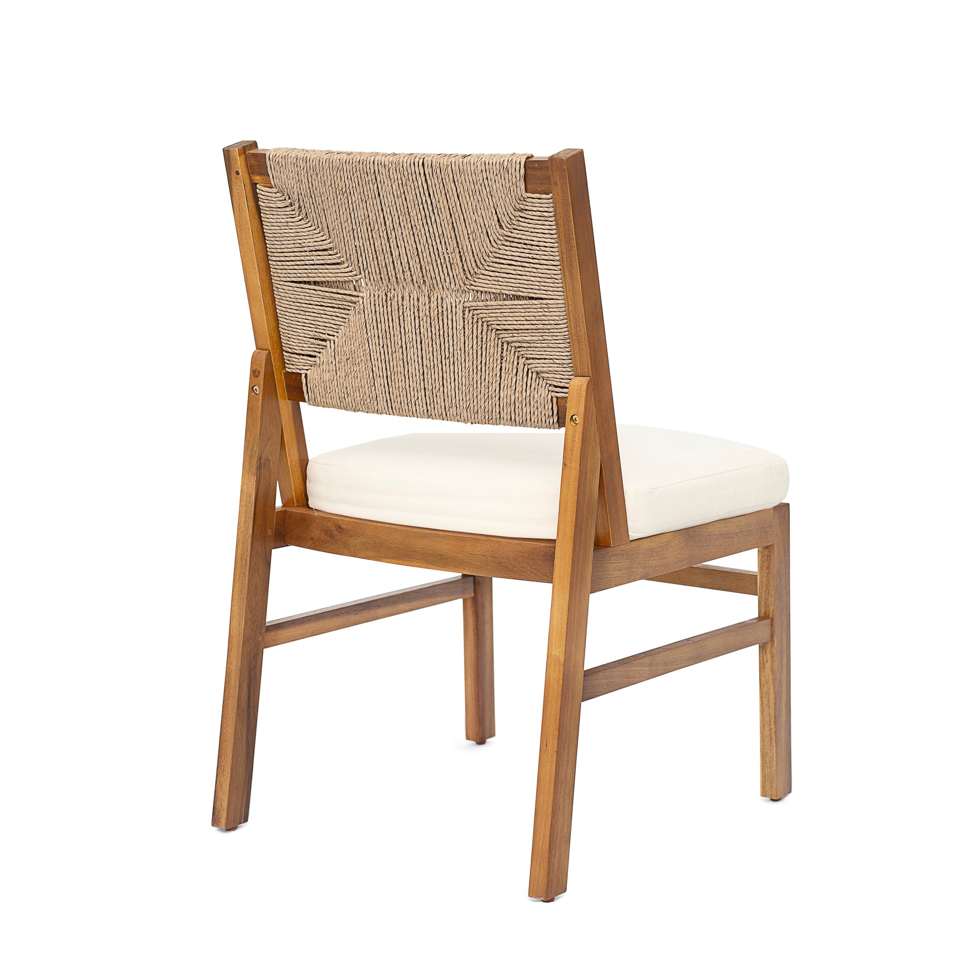 5 Piece Acacia Wood Outdoor Patio Dining Set chair with woven back and white cushion on Tampa Home & Garden Store