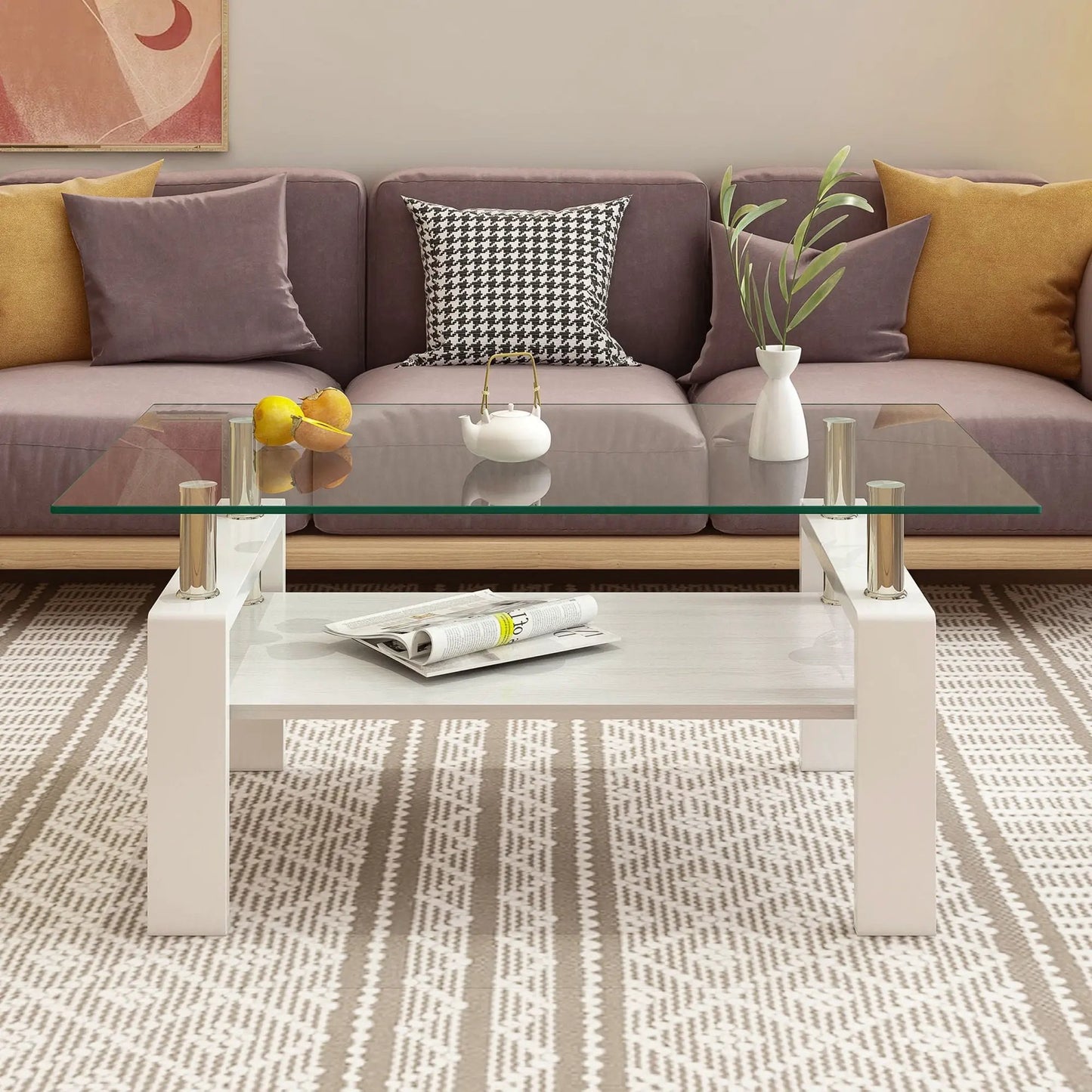 Rectangular Coffee Table With Tempered Glass Top