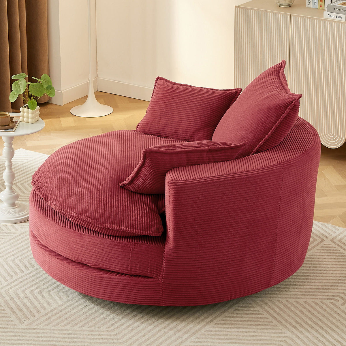 HouseOfZazla pink corduroy swivel barrel chair with cushions and pillows on Tampa Home & Garden Store