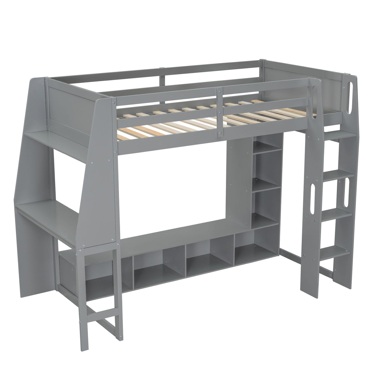 Gaming loft bed with desk in grey metal, with built-in storage shelves and ladder on Tampa Home & Garden Store