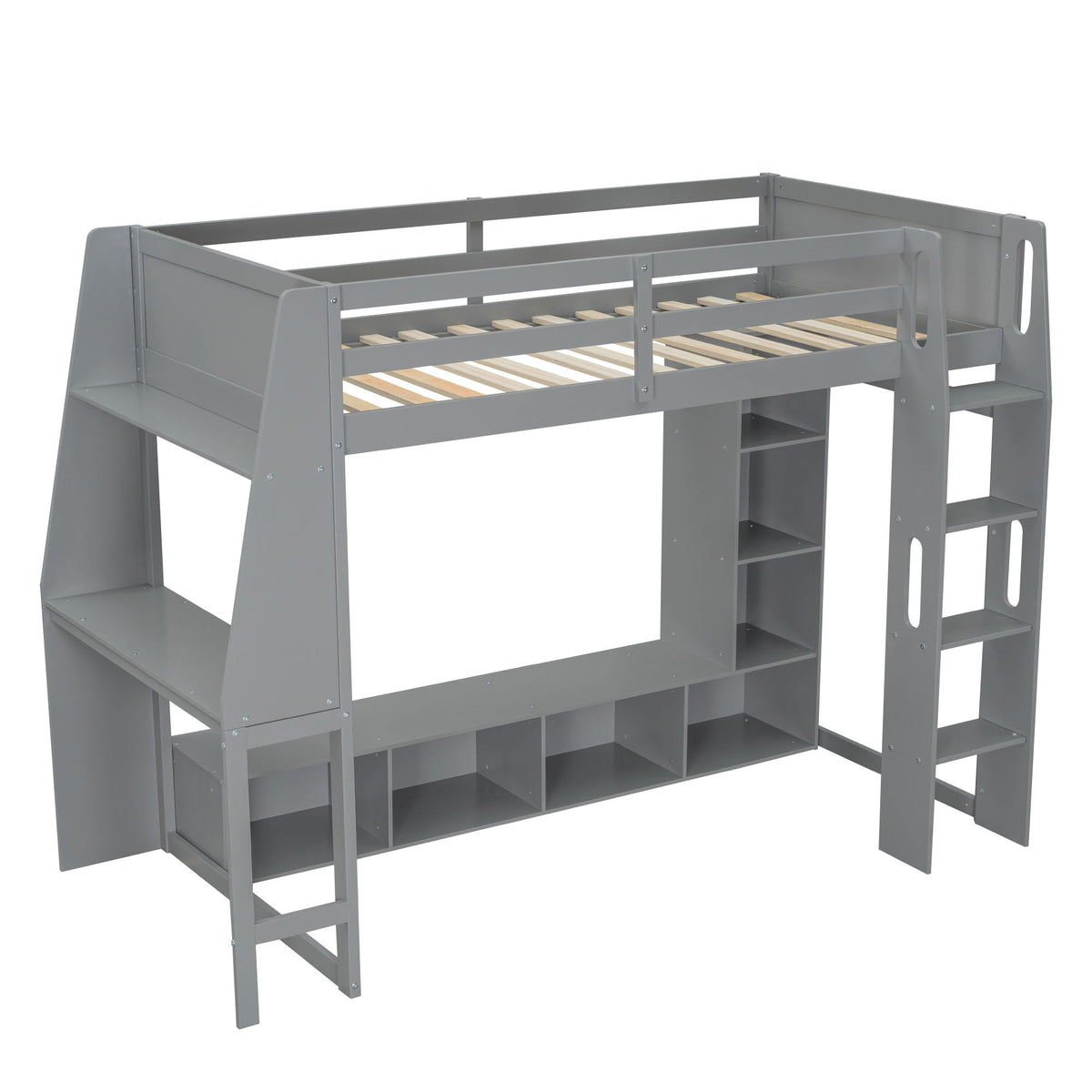Gaming loft bed with desk in grey metal, with built-in storage shelves and ladder on Tampa Home & Garden Store