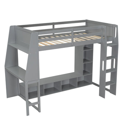 Gaming loft bed with desk in grey metal, with built-in storage shelves and ladder on Tampa Home & Garden Store