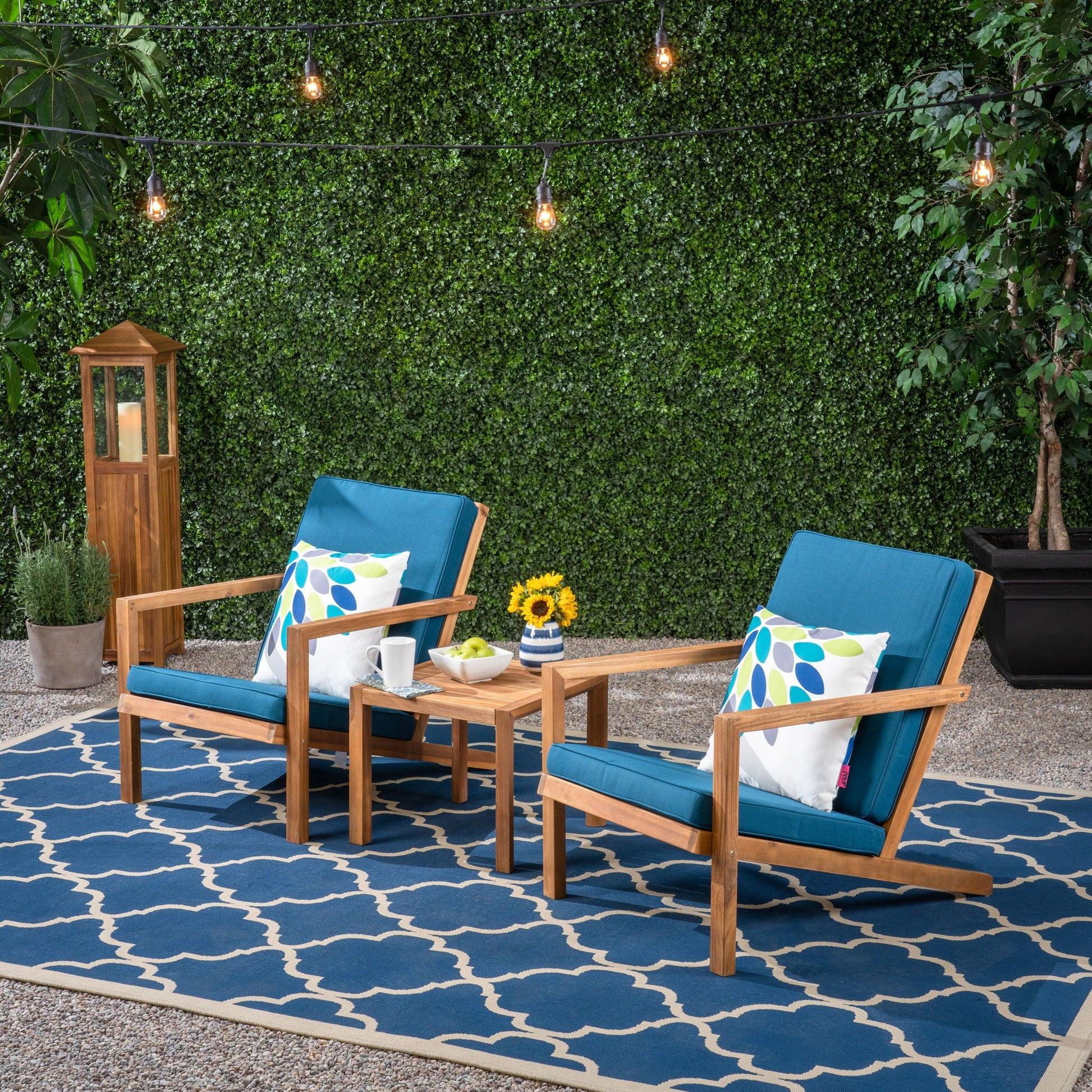 Celestaria 3-Piece Outdoor Chat Set with Adirondack chairs and table and blue cushions on Tampa Home & Garden Store