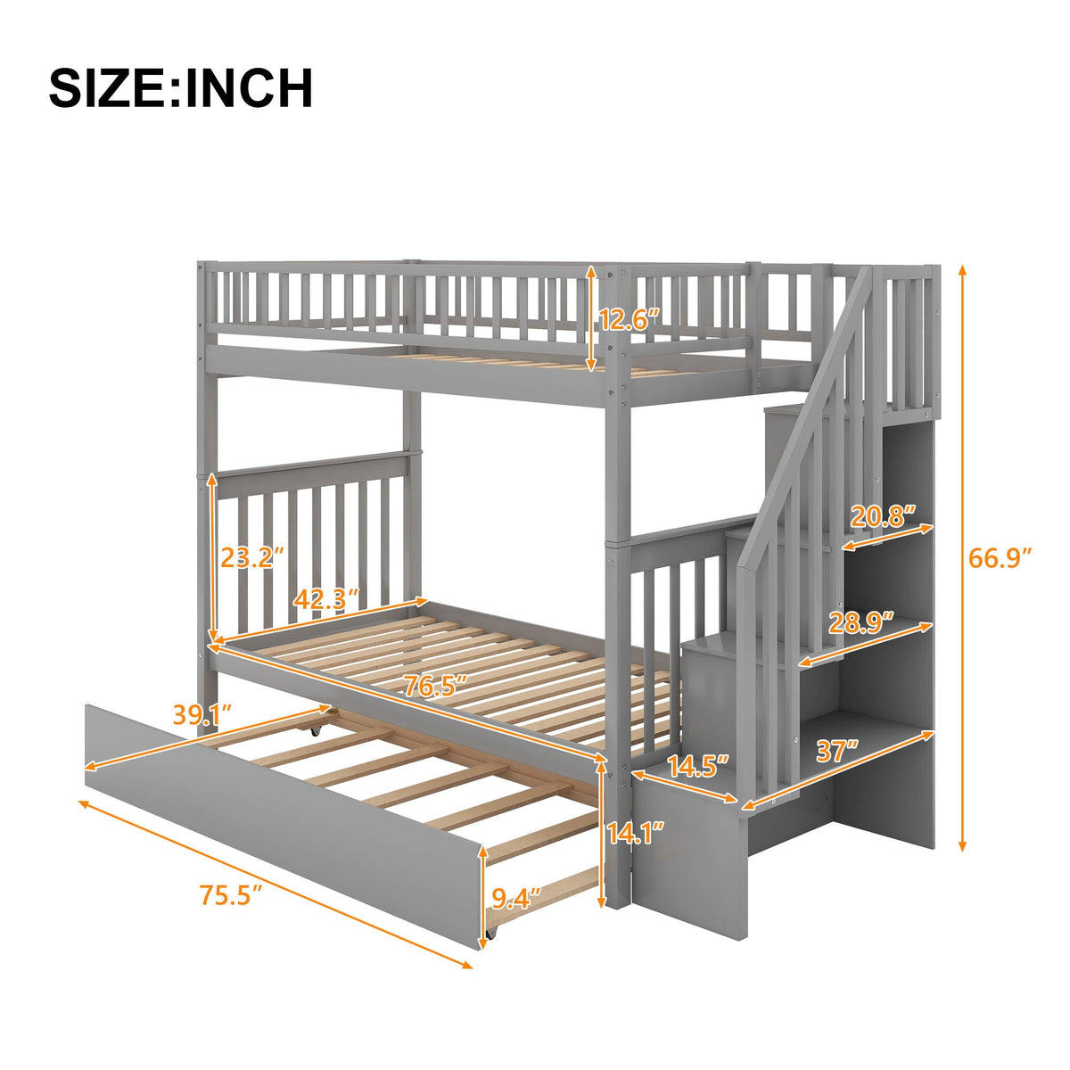 Gray bunk bed with built-in staircase, top bunk guard rails, wooden slat supports on Tampa Home & Garden Store