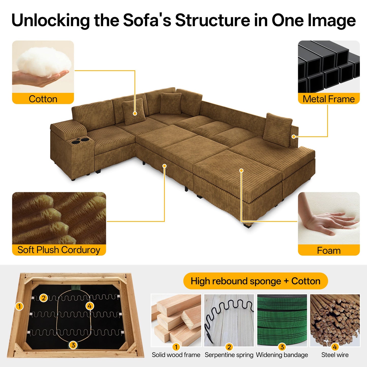 Luxury Camel L Shaped Sofa And Ottoman Set