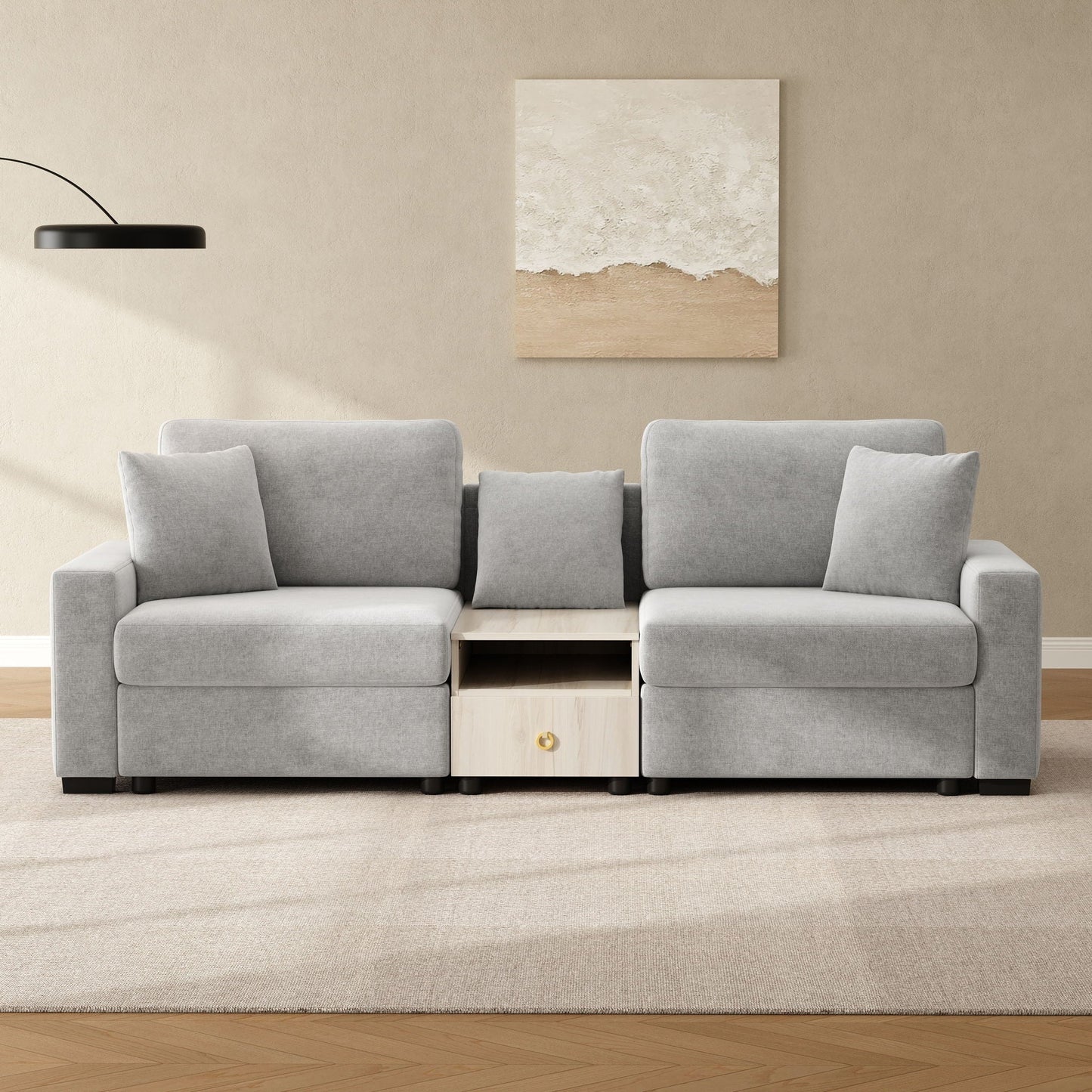 Modular sofa couch with storage armrest and center console in gray fabric, HouseOfZazla on Tampa Home & Garden Store