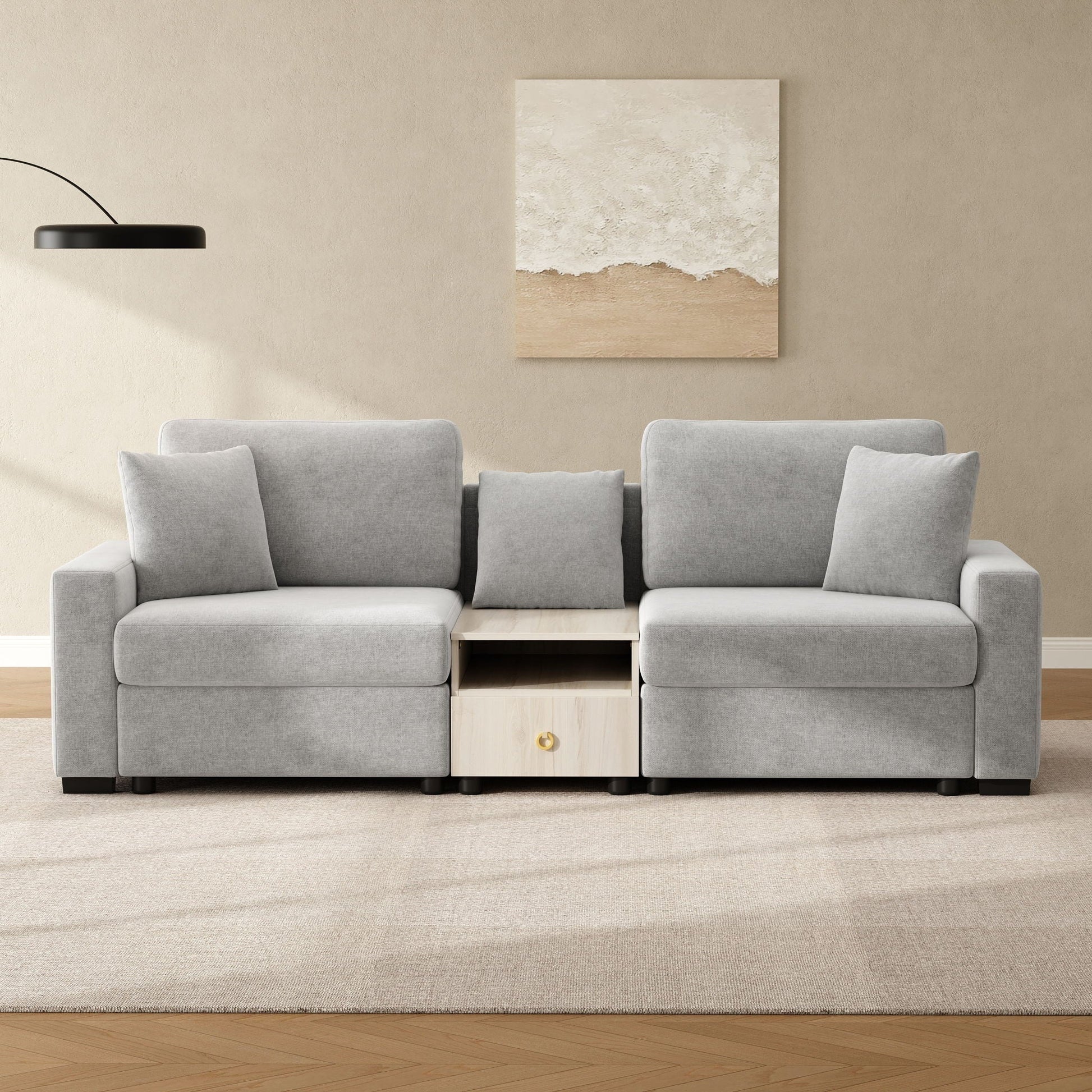 Modular sofa couch with storage armrest and center console in gray fabric, HouseOfZazla on Tampa Home & Garden Store