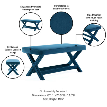 Accent bench with piped blue velvet cushion and solid wood cross frame by HouseOfZazla on Tampa Home & Garden Store