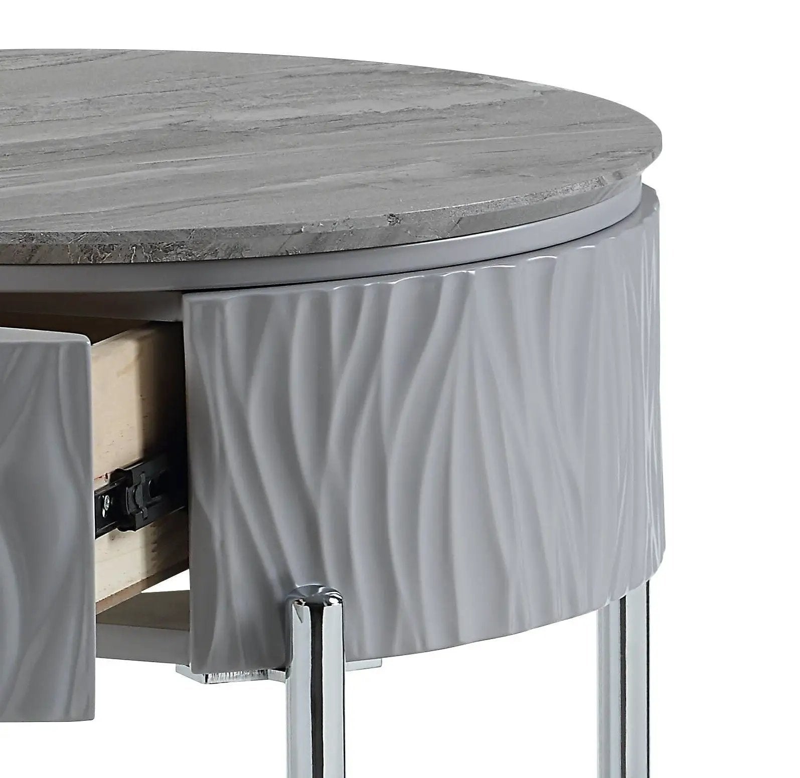 Yukino glossy table with grey marble top and textured chrome base by Unique Piece Furniture on Tampa Home & Garden Store