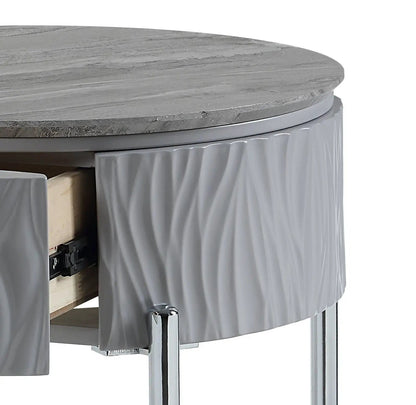 Yukino glossy table with grey marble top and textured chrome base by Unique Piece Furniture on Tampa Home & Garden Store