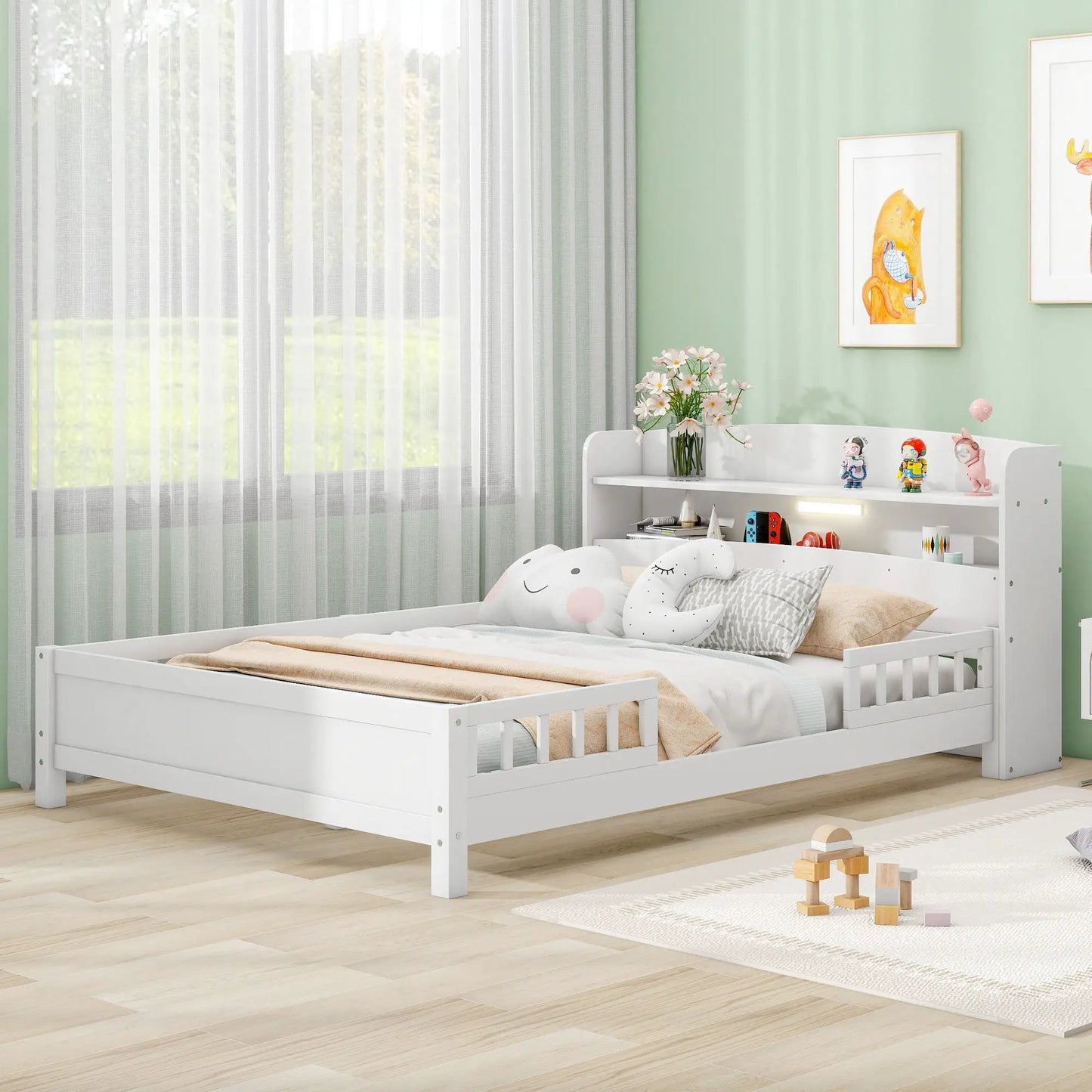 Wood Platform Bed With Led Light and Guardrail