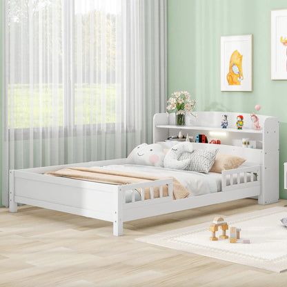 Wood Platform Bed With Led Light and Guardrail