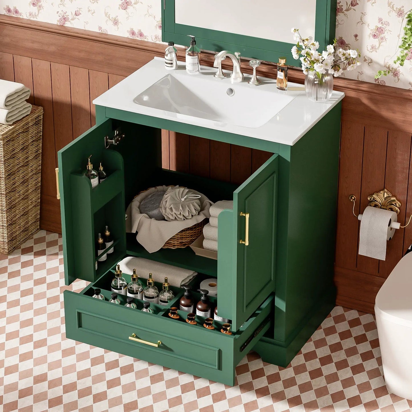 Green bathroom vanity with sink, 1 divided drawer and 2 soft-close doors with double shelf on Tampa Home & Garden Store