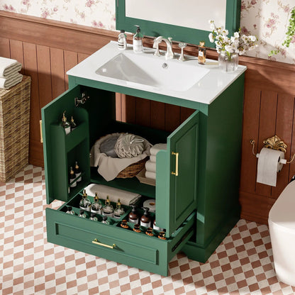 Green bathroom vanity with sink, 1 divided drawer and 2 soft-close doors with double shelf on Tampa Home & Garden Store