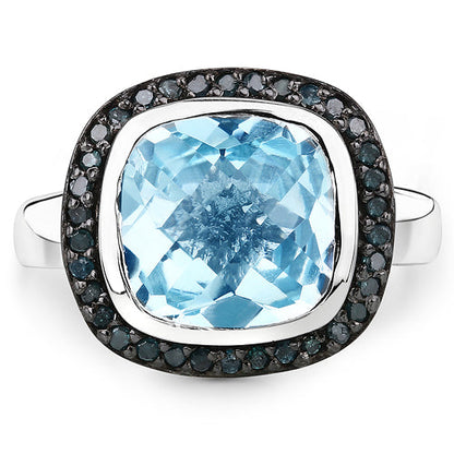 Ring cushion-cut Swiss blue topaz with black diamond halo in .925 sterling silver Bids on Tampa Home & Garden Store