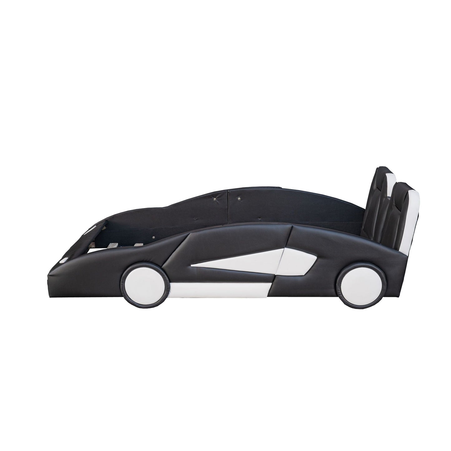 Race car shaped twin bed with wheels pine wood construction black and white by HouseOfZazla on Tampa Home & Garden Store