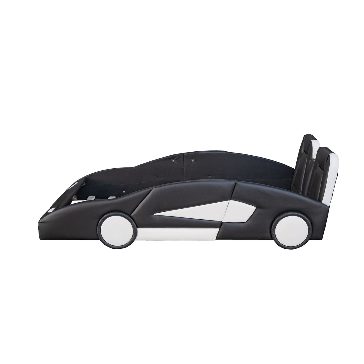 Race car shaped twin bed with wheels pine wood construction black and white by HouseOfZazla on Tampa Home & Garden Store