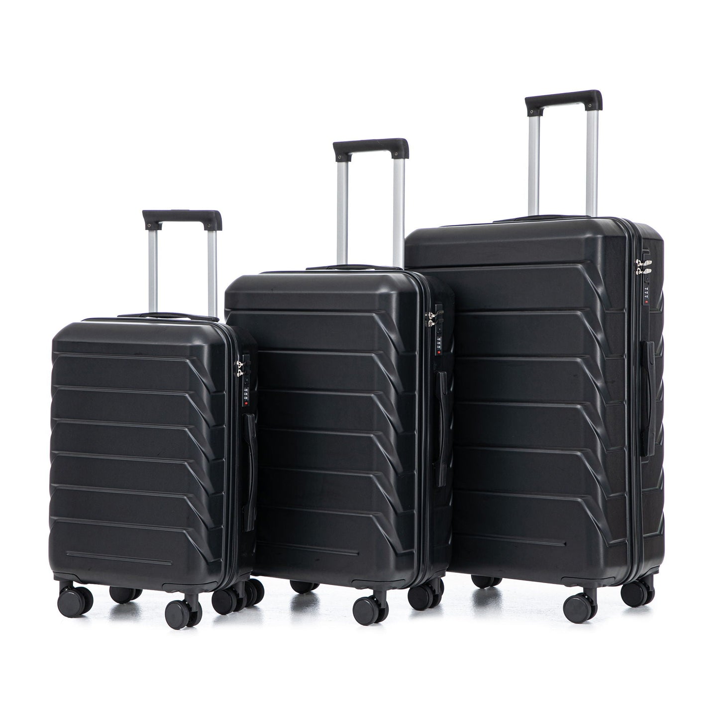 Three-piece black hard-shell spinner luggage set with 20”, 24”, and 28” sizes, combination locks and retractable handles on Tampa Home & Garden Store