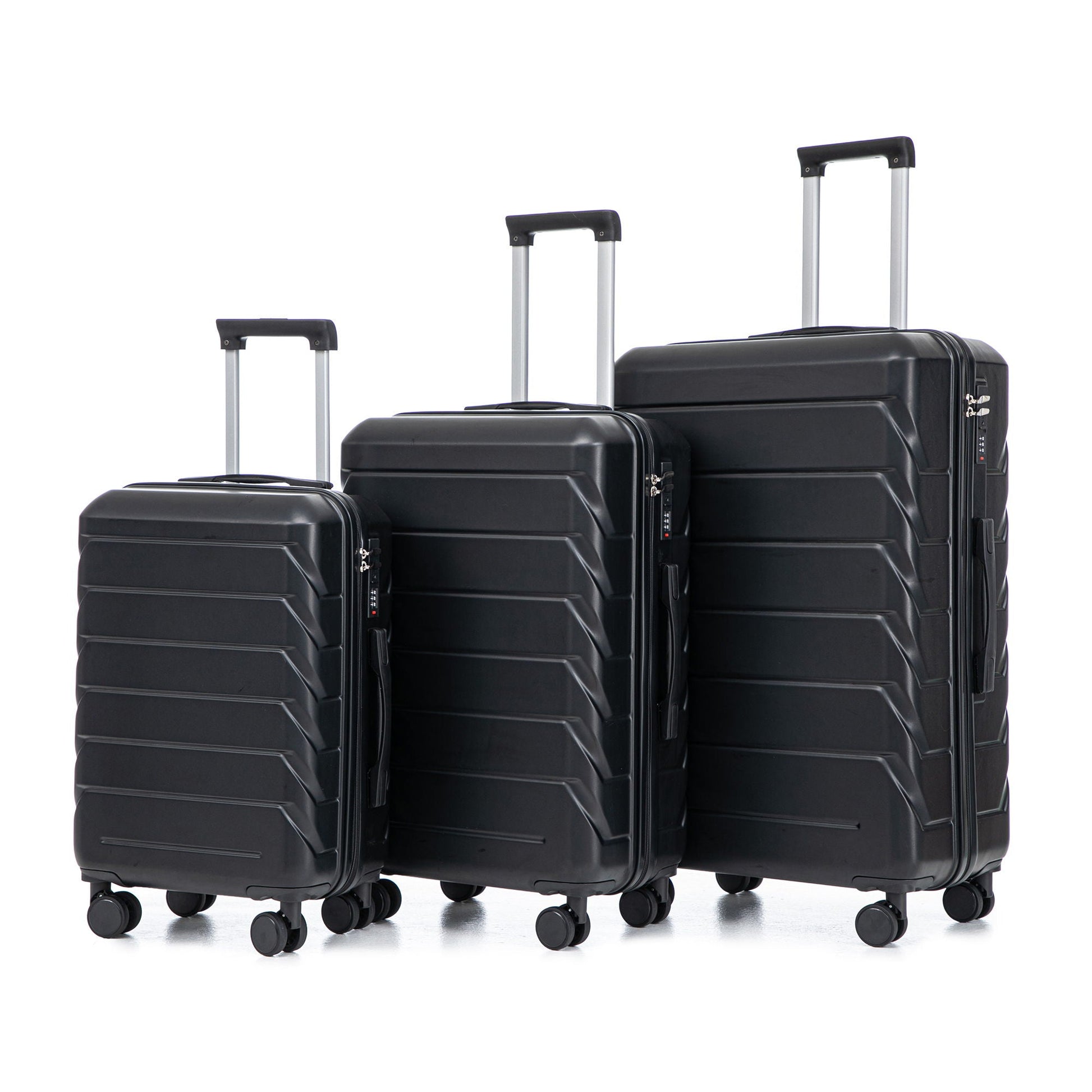 Three-piece black hard-shell spinner luggage set with 20”, 24”, and 28” sizes, combination locks and retractable handles on Tampa Home & Garden Store