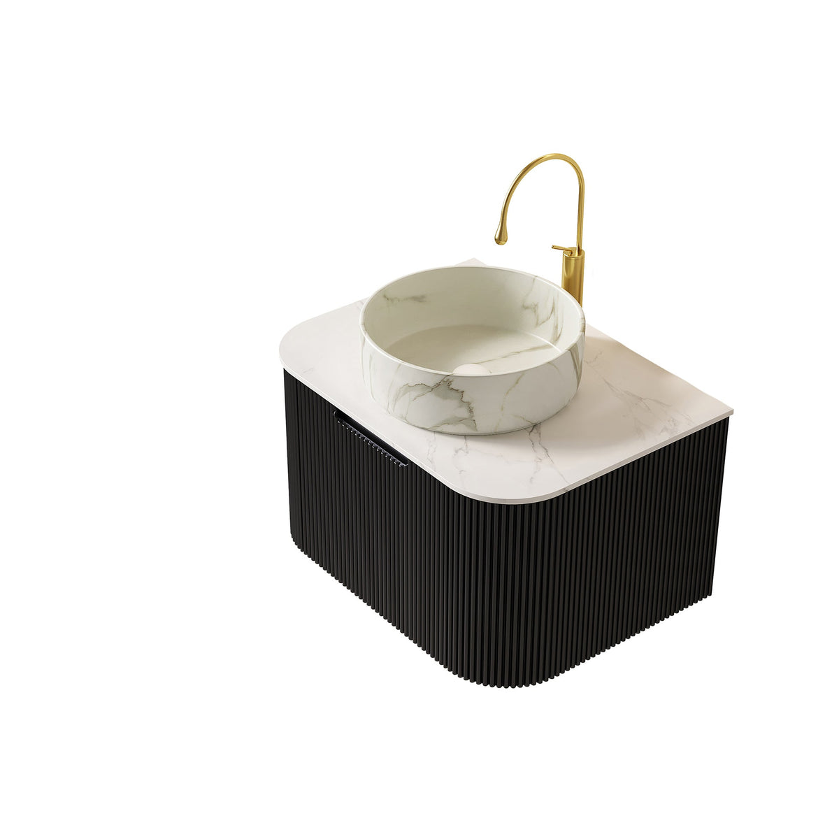 Dina 24 Inch Vanity and Sink with marble top, round vessel sink, gold faucet, black ribbed base on Tampa Home & Garden Store