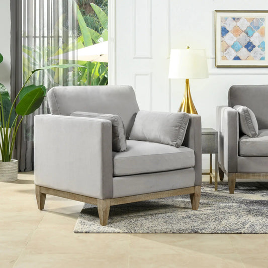 Knox Modern Farmhouse Arm Chairs, pair in gray fabric with wooden legs on Tampa Home & Garden Store