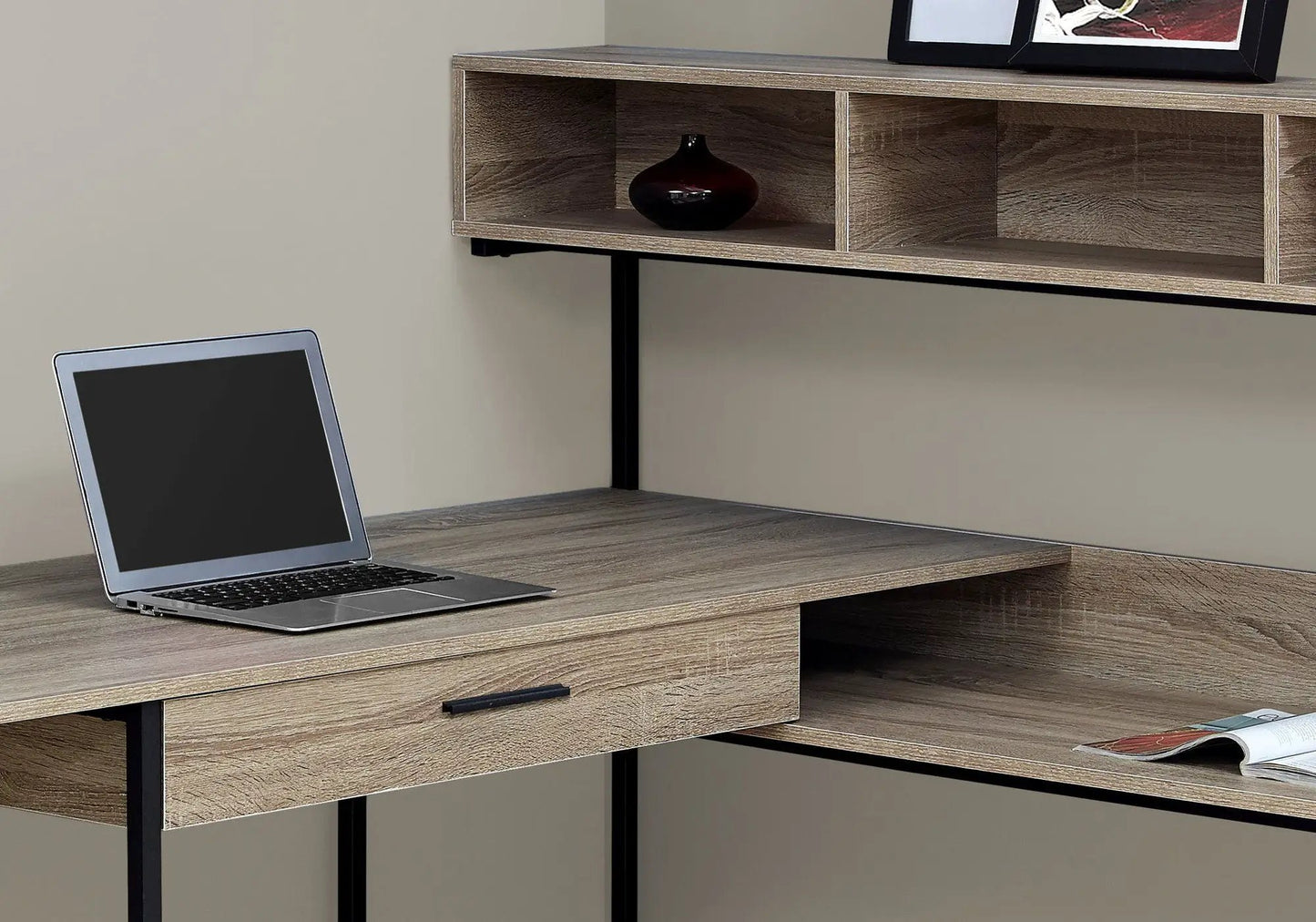 L-shaped corner computer desk with wood grain finish and black metal legs, laptop on surface on Tampa Home & Garden Store