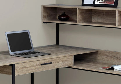 L-shaped corner computer desk with wood grain finish and black metal legs, laptop on surface on Tampa Home & Garden Store