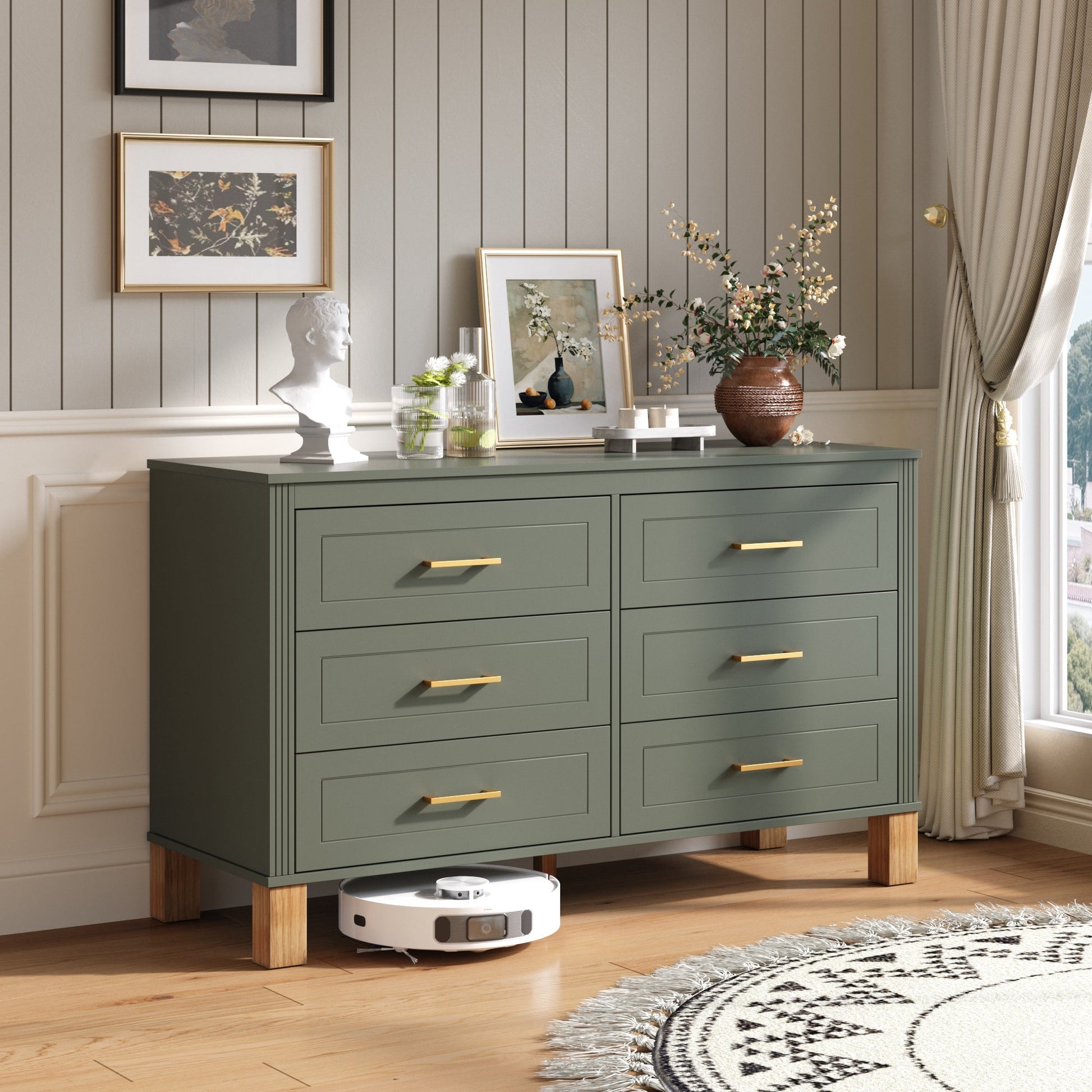 6-Drawer Double Dresser in Olive by HouseOfZazla olive green finish with gold hardware on Tampa Home & Garden Store