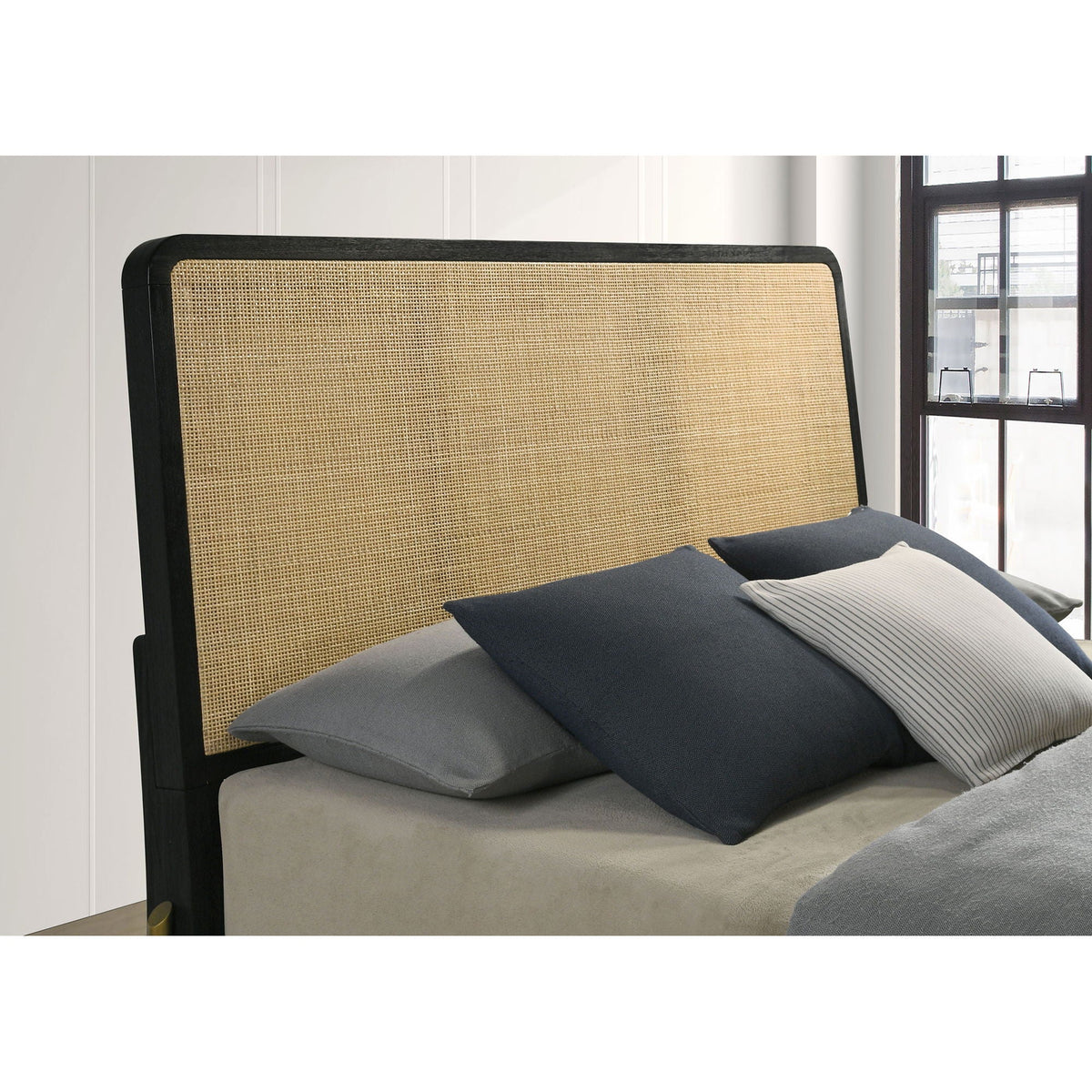 Anser - Bed black panel bed frame with natural woven cane headboard by HouseOfZazla, bedding on Tampa Home & Garden Store