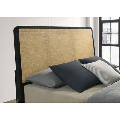 Anser - Bed black panel bed frame with natural woven cane headboard by HouseOfZazla, bedding on Tampa Home & Garden Store