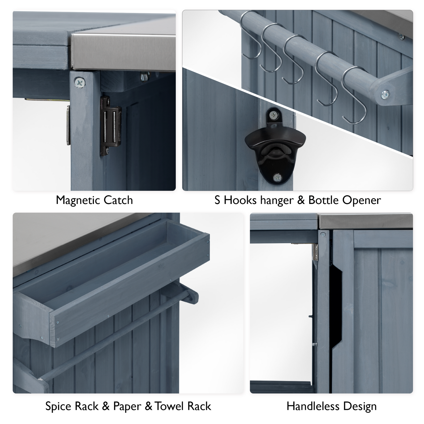 K&K outdoor kitchen island by HouseOfZazla in blue-grey wood with magnetic catch and S-hooks on Tampa Home & Garden Store