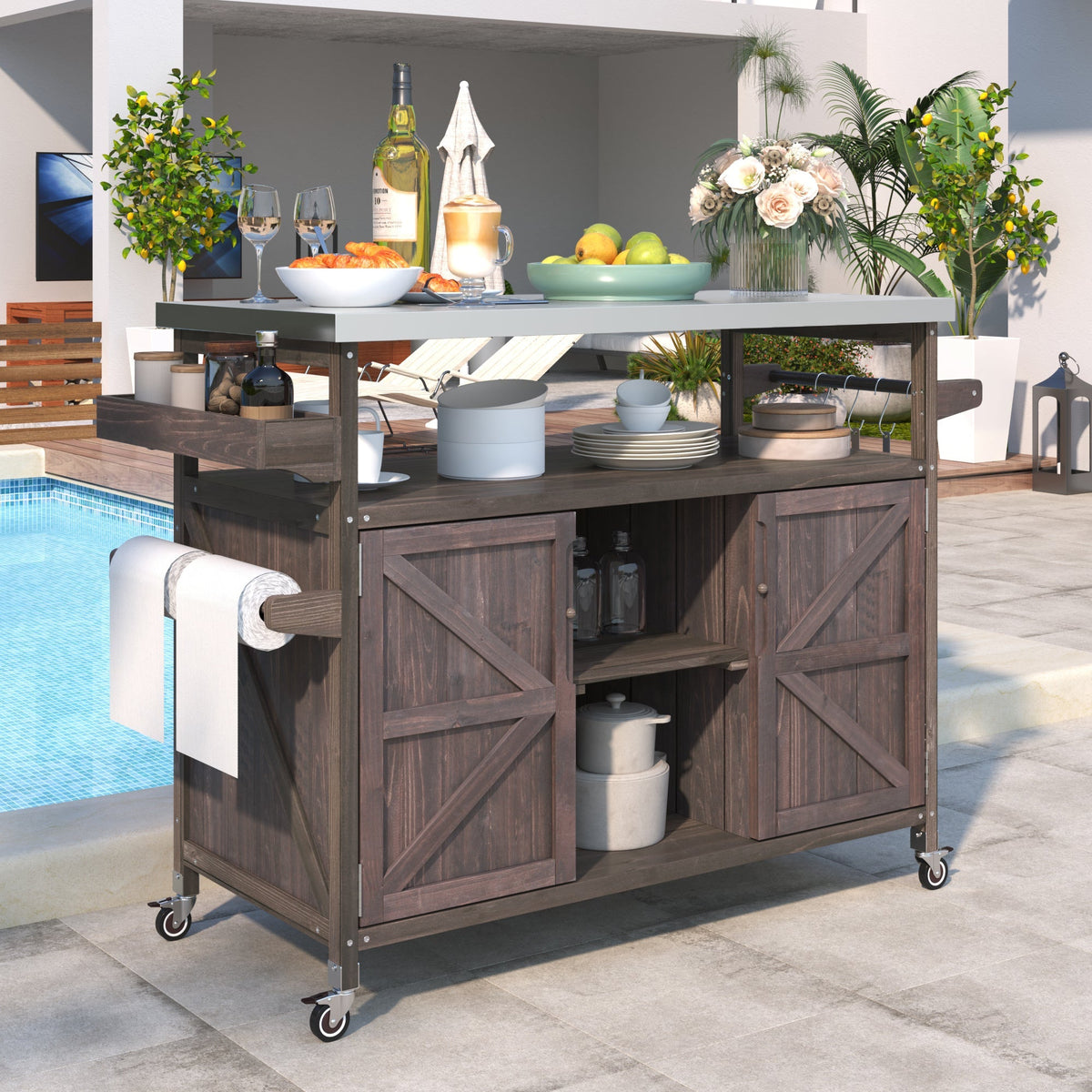 K&K Outdoor Kitchen Island rolling bar cart with wood cabinet and metal frame by HouseOfZazla on Tampa Home & Garden Store