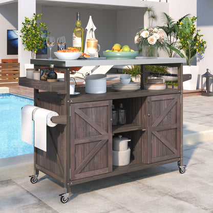 K&K Outdoor Kitchen Island rolling bar cart with wood cabinet and metal frame by HouseOfZazla on Tampa Home & Garden Store