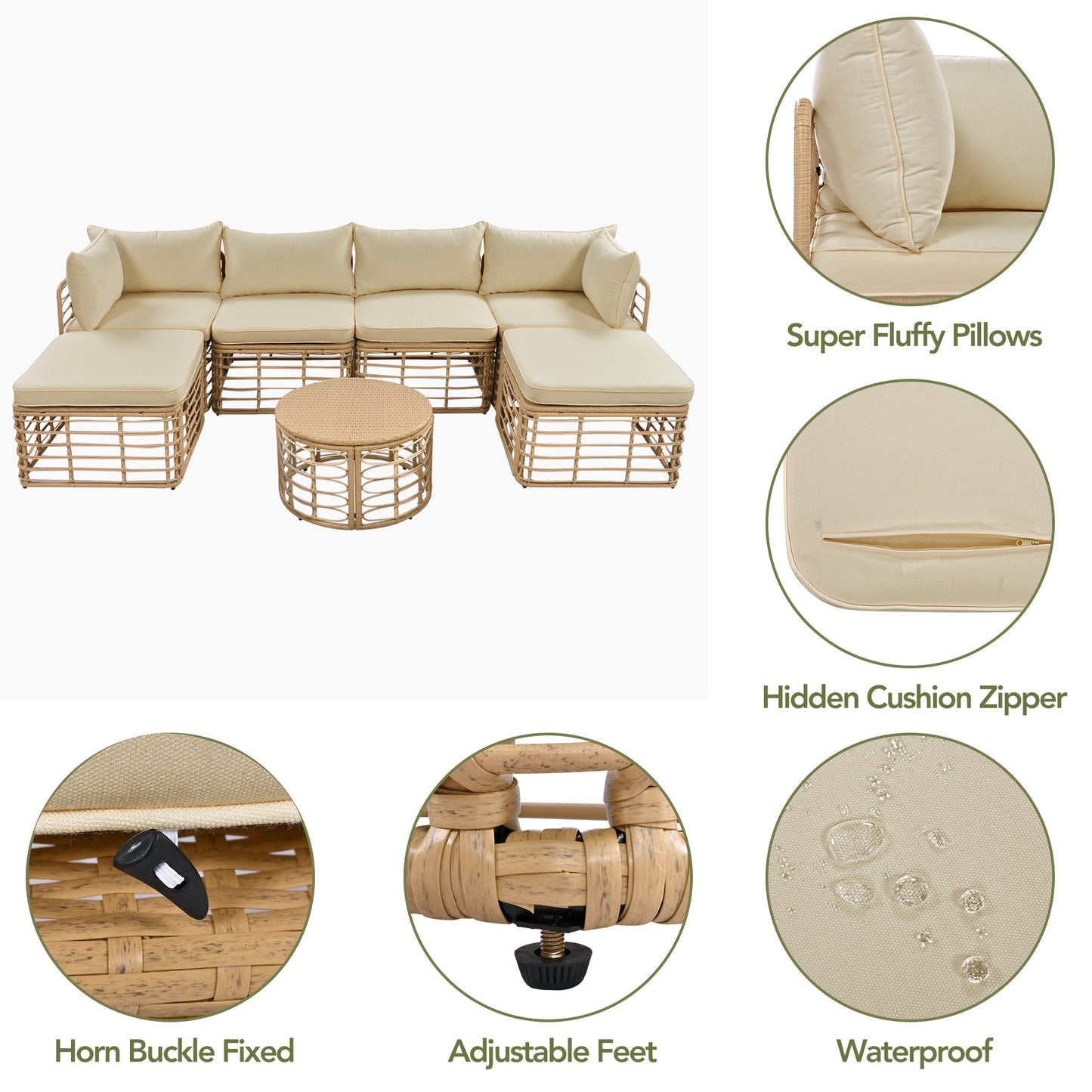 7-piece all-weather rattan sectional sofa set with beige cushions and pillows, brown wicker on Tampa Home & Garden Store