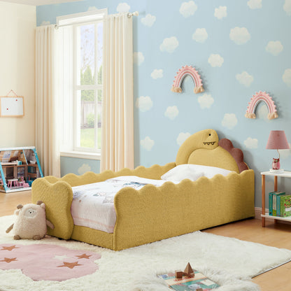 Twin Size Dinosaur-Shaped Kids Bed with Guardrails, yellow plush bed frame in cloud room on Tampa Home & Garden Store