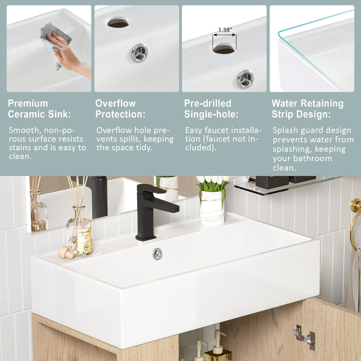 Bathroom vanity with white ceramic sink, black faucet, storage, wood base HouseOfZazla on Tampa Home & Garden Store