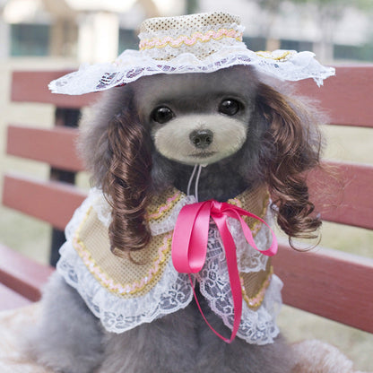 Pet Zen Christmas dog outfit with lace cape beige mesh lace hat and pink ribbon bow on Tampa Home & Garden Store