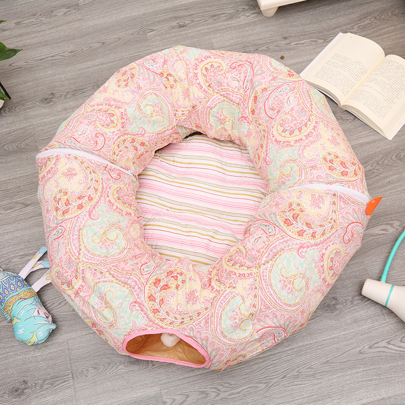 Cat tunnel sleeping nest pink with striped interior, plush foldable tunnel by Sell My Stuff on Tampa Home & Garden Store