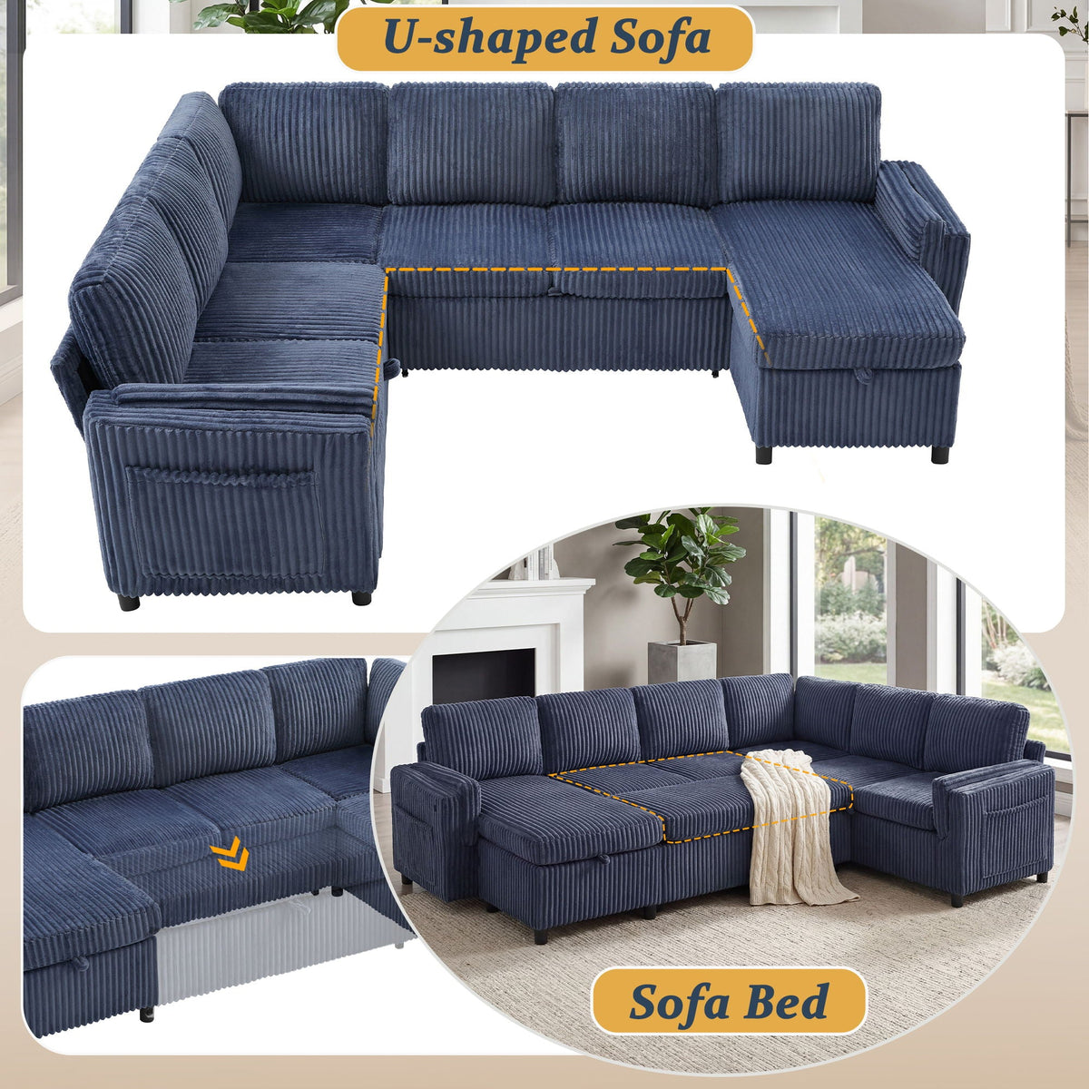 HouseOfZazla U-Shaped Convertible Sectional Sofa Bed in navy corduroy with USB ports & storage on Tampa Home & Garden Store