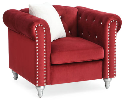 HouseOfZazla red velvet lounge arm chair with tufted back and crystal nailhead trim on Tampa Home & Garden Store
