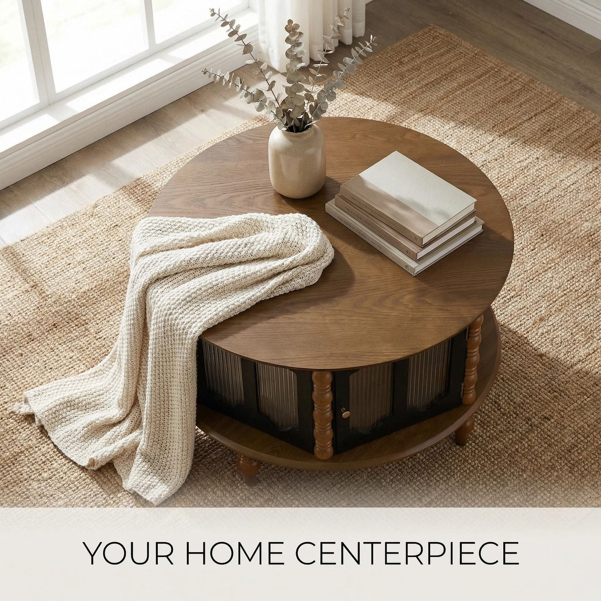 Round storage coffee table with fluted glass doors in dark brown wood with turned legs on Tampa Home & Garden Store