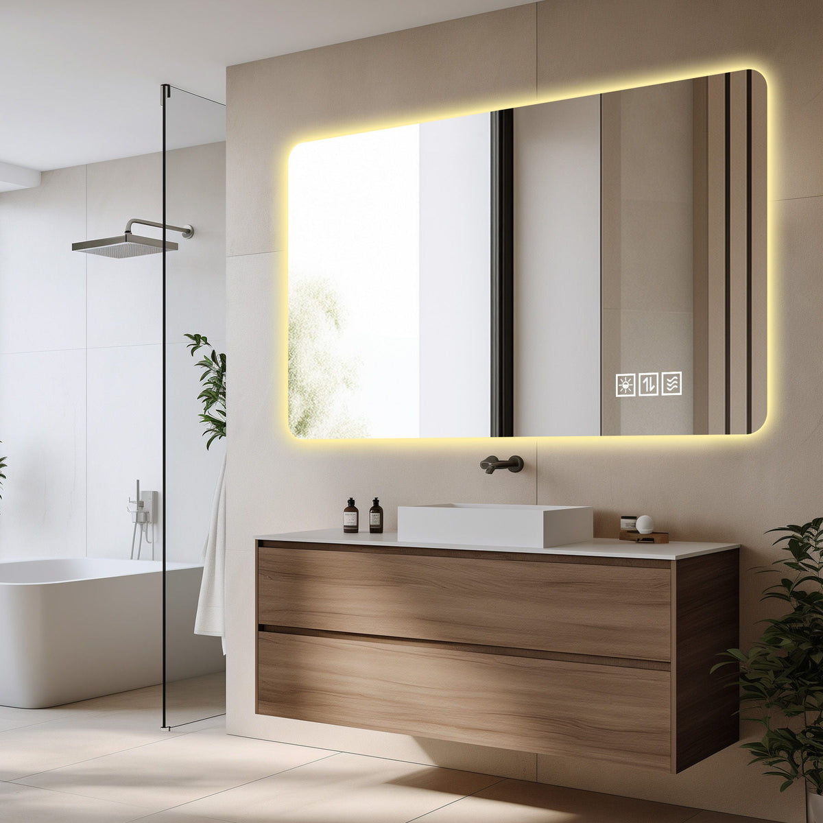 Wall mounted LED mirror by HouseOfZazla with 3-color dimmable lighting, silver frame on Tampa Home & Garden Store