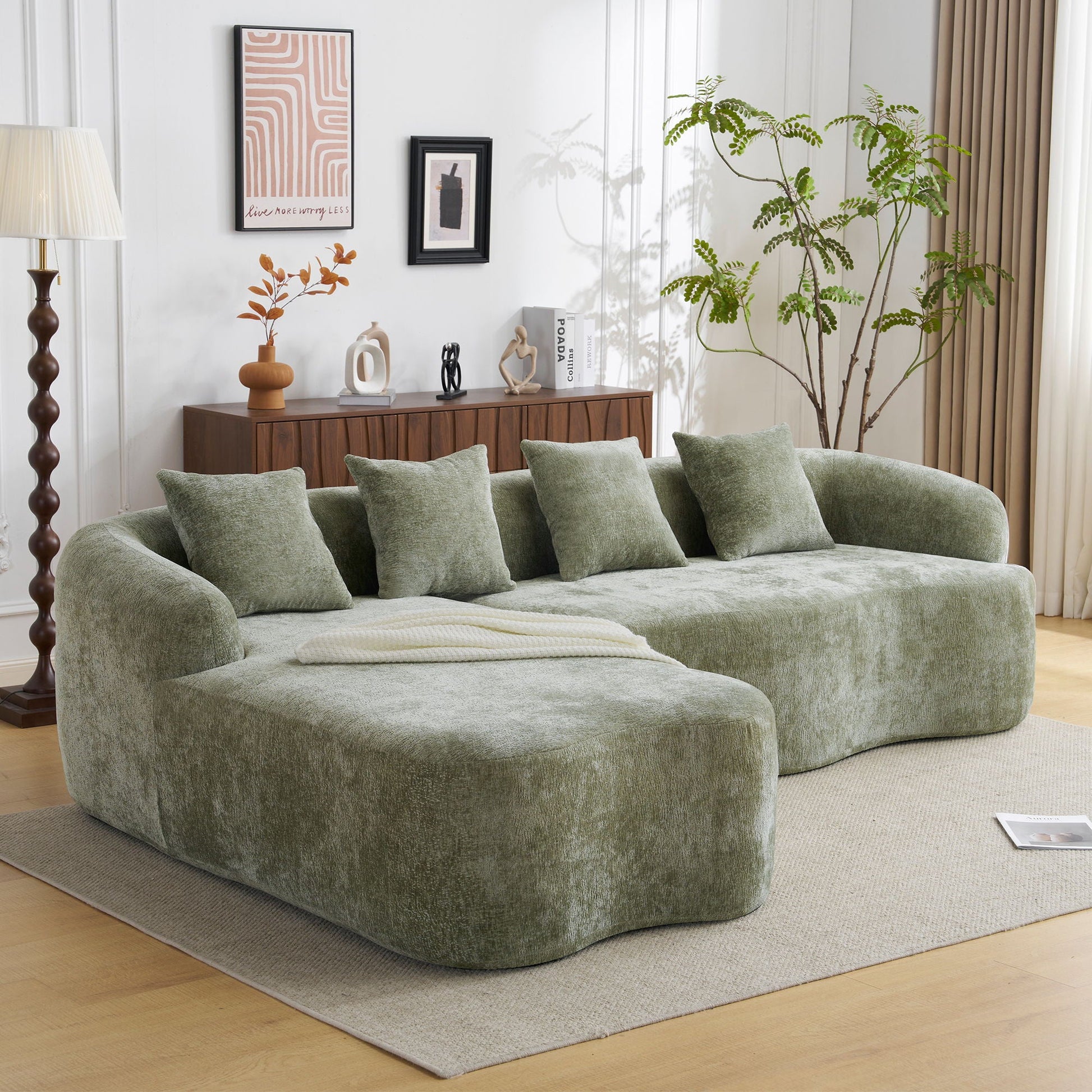 Modular L-shape sectional sofa with curved chaise in sage green fabric by HouseOfZazla on Tampa Home & Garden Store