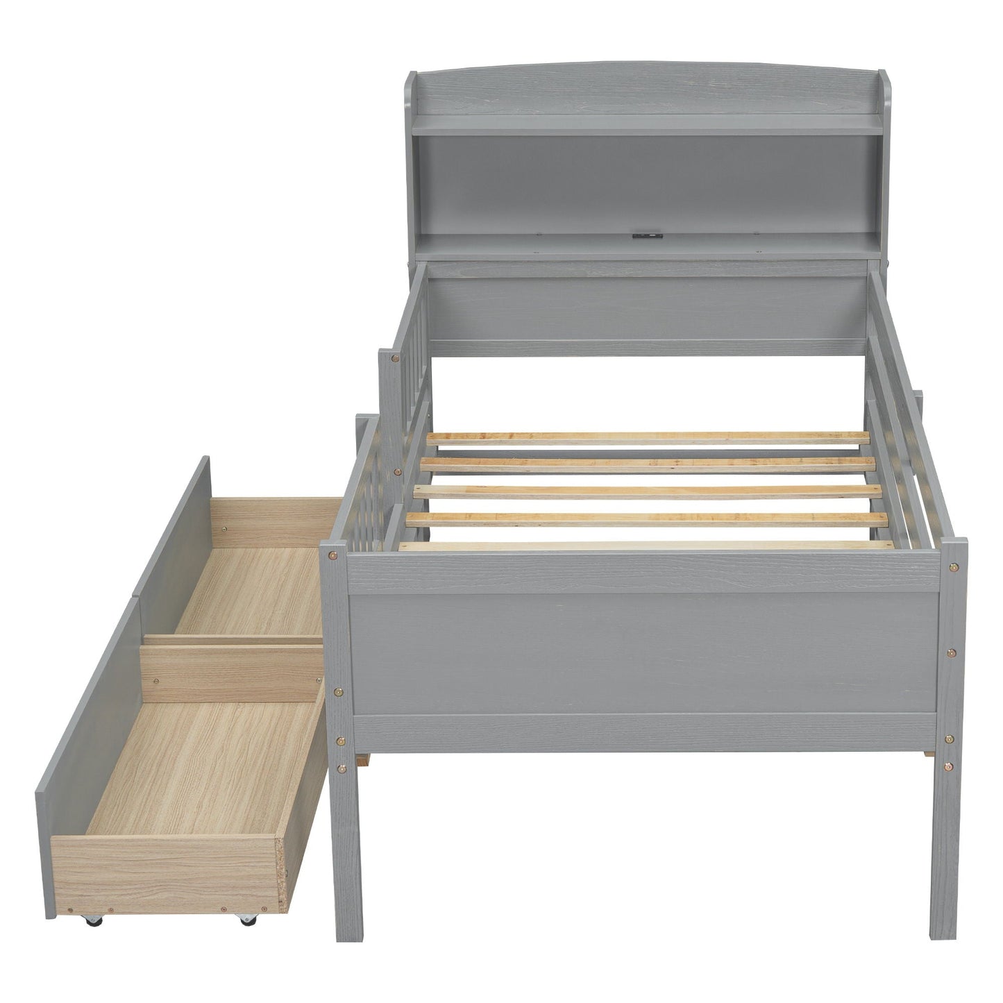 Platform bed with LED light, guardrail and 2 drawers in gray woodgrain by HouseOfZazla on Tampa Home & Garden Store