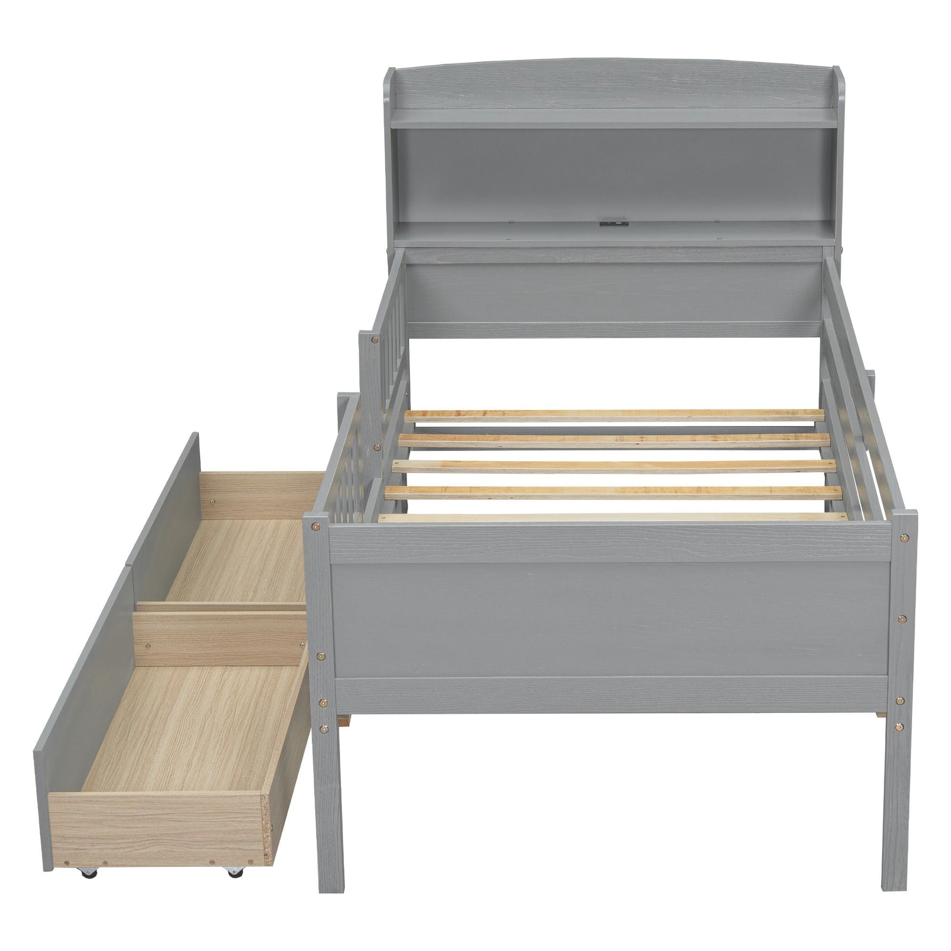 Platform bed with LED light, guardrail and 2 drawers in gray woodgrain by HouseOfZazla on Tampa Home & Garden Store