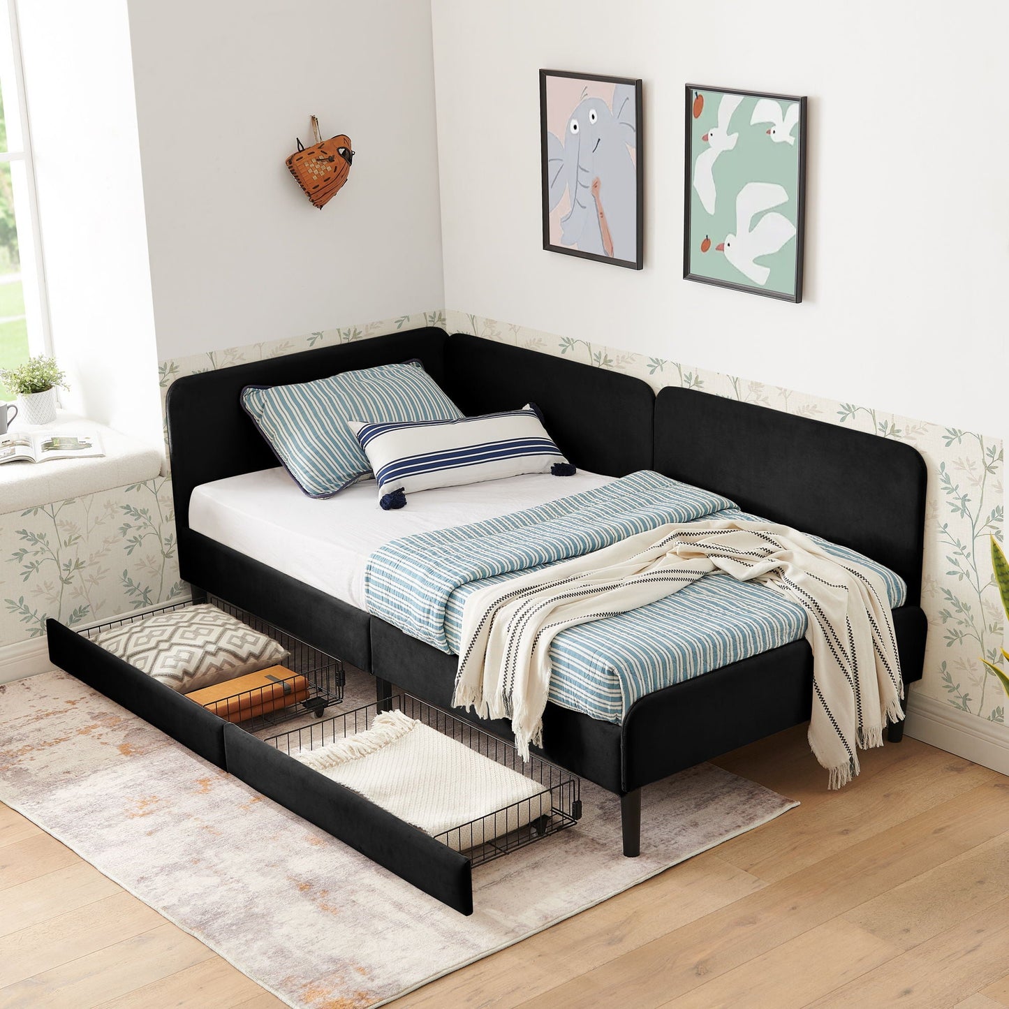 Upholstered Platform Sofa Bed with Drawers