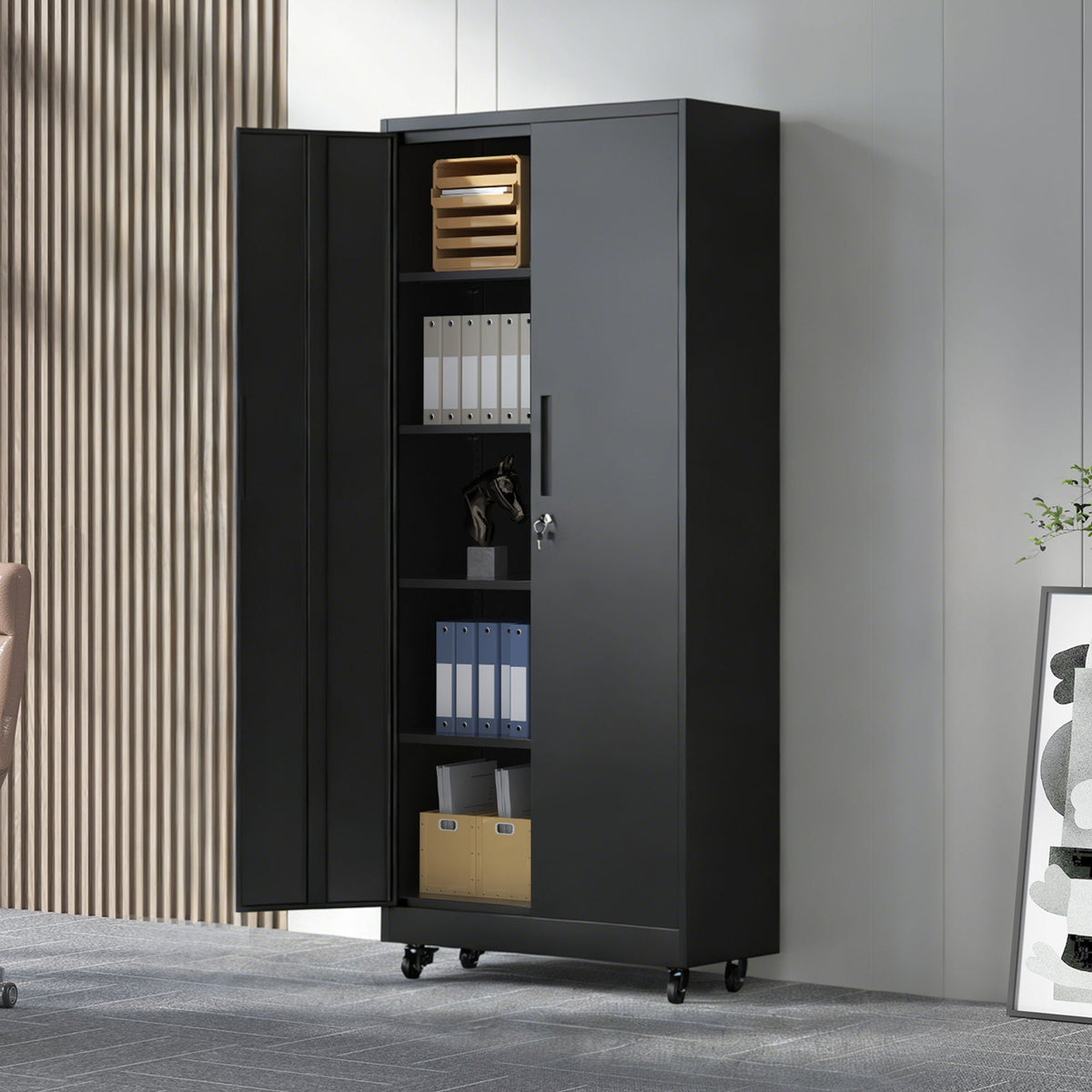 Black storage cabinet with wheels, adjustable shelves, locking security by HouseOfZazla on Tampa Home & Garden Store